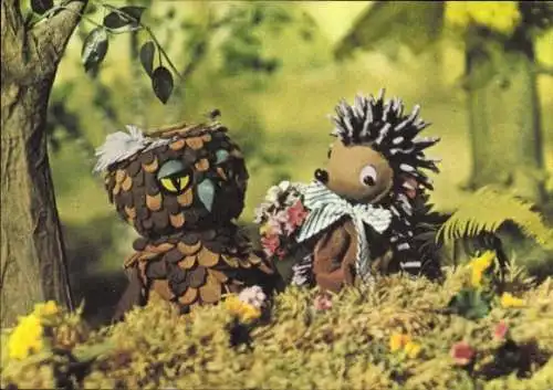 Ak Unser Sandmännchen, Sandmann, Igel Borstel und Onkel Uhu, DDR Kinderfernsehen, 6920