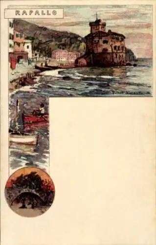 Künstler Litho Wielandt, Manuel, Rapallo Ligurien, Küstenpartie, Boote, Brücke