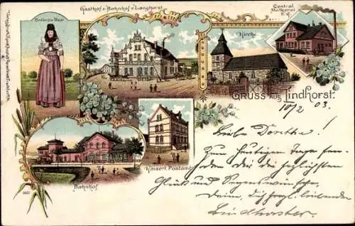 Litho Lindhorst im Kreis Schaumburg, Kaiserliches Postamt, Zentralmolkerei, Tracht, Bahnhof