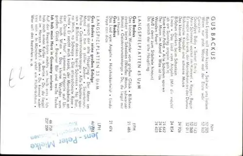 Ak Sänger Gus Backus, Polydor Verlag, Portrait, Diskographie, Autogramm