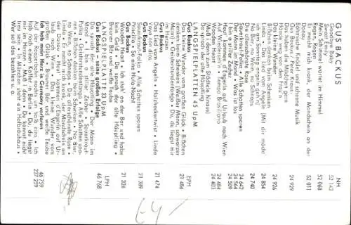 Ak Sänger Gus Backus, Polydor Verlag, Portrait, Diskographie, Autogramm
