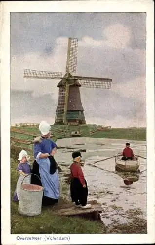 Ak Volendam Nordholland Niederlande, Overzetveer, Niederländische Tracht, Windmühle