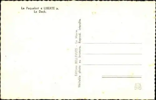 Ak Paquebot Liberté, CGT French Line,  Le Deck