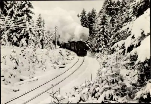 Ak Deutsche Eisenbahn, Dampflokomotive, Harzquerbahn im Winter