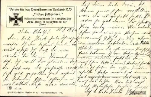 Lied Künstler Ak Hey, Paul, Was blinkt so freundlich, Soldatenliederkarte No. 6, Unsere Feldgrauen