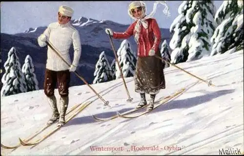 Künstler Litho Mailick, Paar auf Langskiern, Winter, Tannen