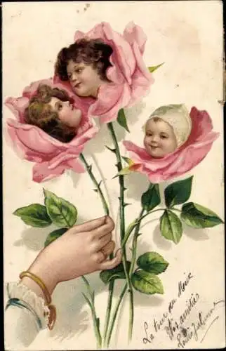 Präge Litho Rosen, Kinder-Portrait, Weibliche Hand