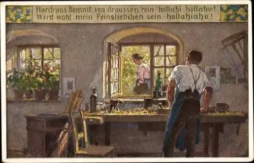 Künstler Ak Hey, Paul, Volksliederkarte Nr. 57, Horch was kommt von draußen rein, Tischler, Novitas