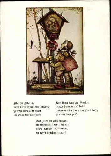 Künstler Ak Hummel, Bildstöckle, Kinder, Vogel, Mutter Gottes, Gedicht