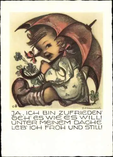 Künstler Ak Hummel, Berta, Ich bin zufrieden, Mädchen, Schirm, Nr. 4520