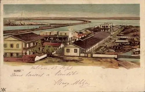 Litho Ägypten Suez, Blick auf Ort, Wasserstraße, Boote