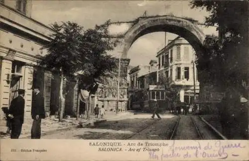 Ak Thessaloniki Griechenland, Arc de Triomphe, Straßenbahn