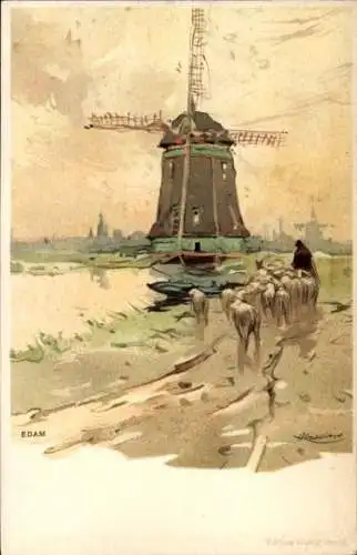 Künstler Litho Cassiens, H., Edam Volendam Nordholland Niederlande, Windmühle, Schafherde