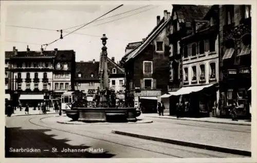 Ak St. Johann Saarbrücken a.d. Saar, St. Johanner Markt, Brunnen, Geschäft Kretzschmar