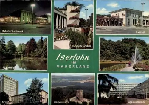 Ak Iserlohn im Märkischen Kreis, Bahnhof, Nacht, Seilersee, Ingenieurschule, Bismarckturm, Kreishaus