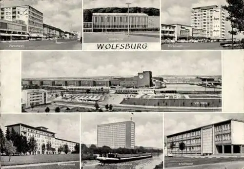 Ak Wolfsburg in Niedersachsen, VW-Werk, Porschestraße, Krankenhaus, Arbeitsamt, Stadthalle