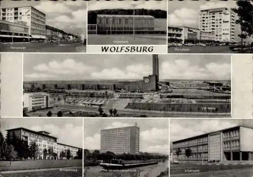 Ak Wolfsburg in Niedersachsen, Stadthalle, Krankenhaus, VW Werk, Porschestraße, Arbeitsamt