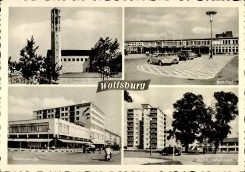 Ak Wolfsburg in Niedersachsen, Kirche, Porschestrasse, Hochhaus, Altersheim, Bahnhof