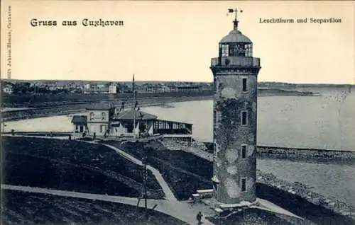 Ak Cuxhaven in Niedersachsen, Leuchtturm mit See Pavillon