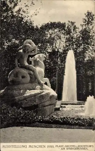 Ak München Bayern, Plastik am Springbrunnen, Reichtum, Ausstellung 1908