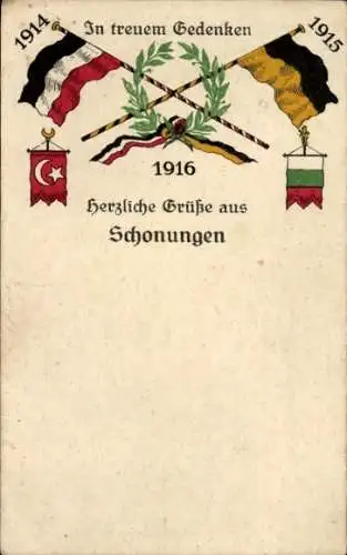 Ak In treuem Gedenken, Vierbund 1914-1915-1916, Flaggen, Kaiserreich, Österreich, Türkei, Bulgarien