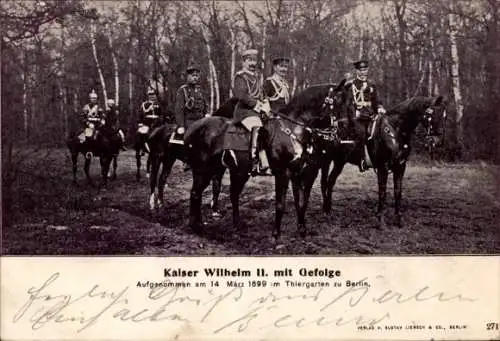 Ak Berlin Tiergarten, Kaiser Wilhelm II. von Preußen mit Gefolge, Pferde