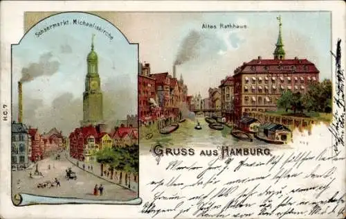 Litho Hamburg, Schaarmarkt mit Michaeliskirche, Altes Rathaus an der Elbe, Brücke und Boote