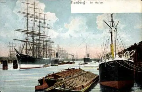 Ak Hamburg Harburg, Im Hafen, Schiffe, Segel, Boote, Elbe, Fünfmaster