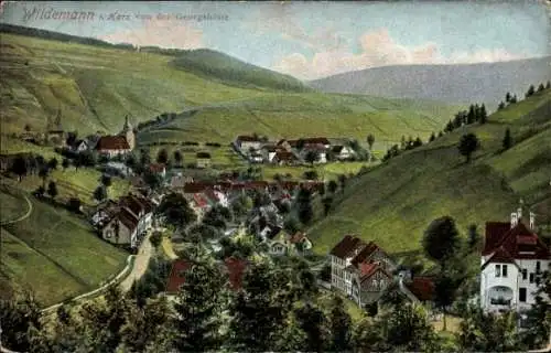 Ak Wildemann Clausthal Zellerfeld im Oberharz, Ort von der Georgshöhe aus gesehen, Kirche