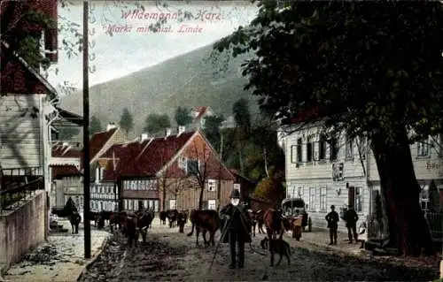 Ak Wildemann Clausthal Zellerfeld im Oberharz, Markt, Linde, Passanten