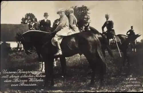 Ak Kronprinzessin Cecilie von Preußen mit Prinz Wilhelm, auf Pferden, Danzig