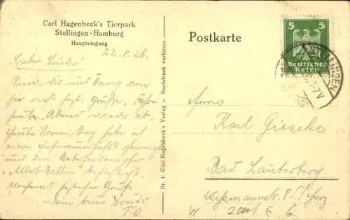 Ak Hamburg Eimsbüttel Stellingen, Carl Hagenbeck's Tierpark, Haupteingang
