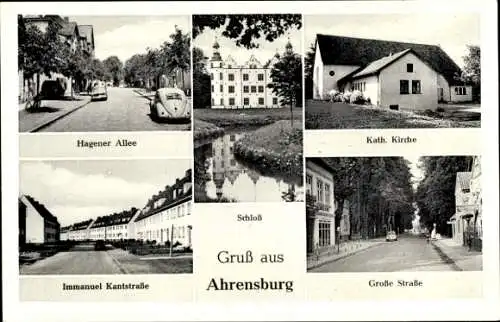 Ak Ahrensburg in Schleswig Holstein, Hagener Allee, Katholische Kirche, Immanuel Kantstraße, Schloß