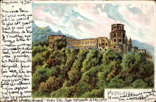 Litho Heidelberg Württemberg, Schlossansicht, Wolken