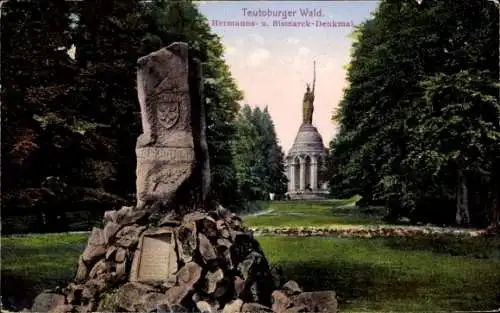 Ak Detmold in Nordrhein Westfalen, Hermanns- und Bismarck Denkmal