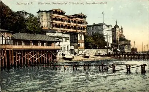 Ak Sassnitz auf der Insel Rügen, Warmbad, Ostseehotel, Strandhotel, Strandkonditorei