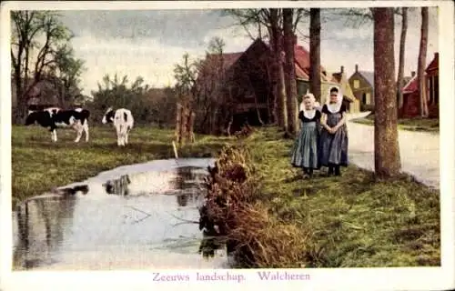 Ak Walcheren Zeeland, Zeeuwsch landschap, Mädchen in Tracht