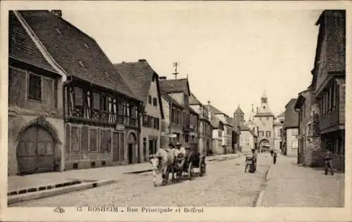 Ak Rosheim Elsass Bas Rhin, Rue principale et Beffroi