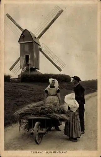 Ak Zuid Beveland Zeeland Niederlande, Windmühle, Schubkarre, Niederländische Tracht