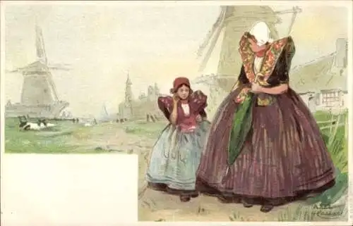 Künstler Litho Cassiers, H., Axel Zeeland, Mädchen in niederländischen Trachten, Windmühlen