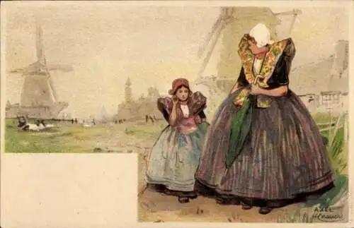 Künstler Litho Cassiers, H., Axel Zeeland, Mädchen in niederländischen Trachten, Windmühlen