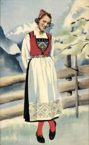 Ak Hardanger Norwegen, Frau in norwegischer Tracht, National Costume