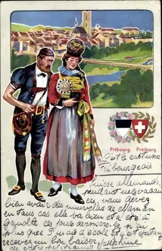 Wappen Ak Kanton Freiburg, Mann und Frau in Volkstracht