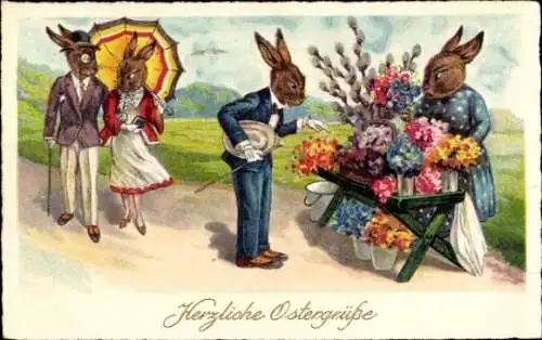 Ak Glückwunsch Ostern, Osterhasen, Händlerin, Weidenkätzchen