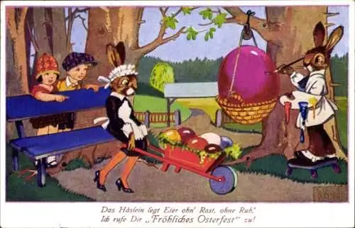 Ak Glückwunsch Ostern, Vermenschlichte Hasen, Maler, Dienstmädchen, Ostereier