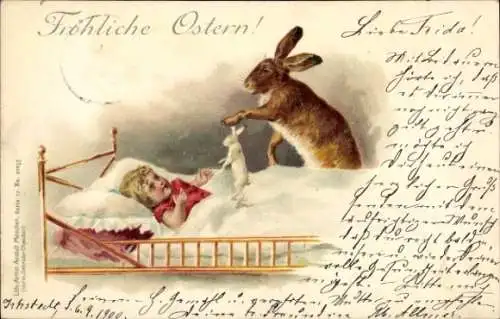 Litho Glückwunsch Ostern, Osterhase, Kind im Bett