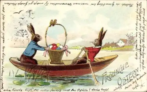 Litho Glückwunsch Ostern, Osterhasen im Ruderboot, Ostereier, Korb