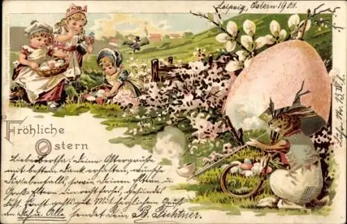 Litho Glückwunsch Ostern, Kinder suchen Ostereier, Hase raucht Pfeife