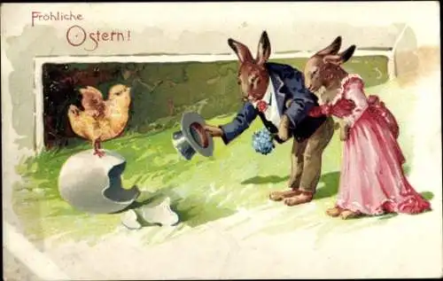 Ak Glückwunsch Ostern, Osterhasen-Paar, Küken, Eierschale