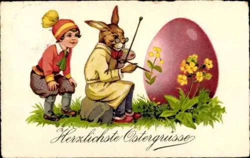 Ak Glückwunsch Ostern, Vermenschlichter Hase bemalt ein Osterei